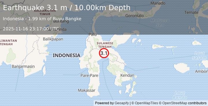 Earthquake SULAWESI, INDONESIA (3.1 m) (2025-11-16 23:17:00 UTC)