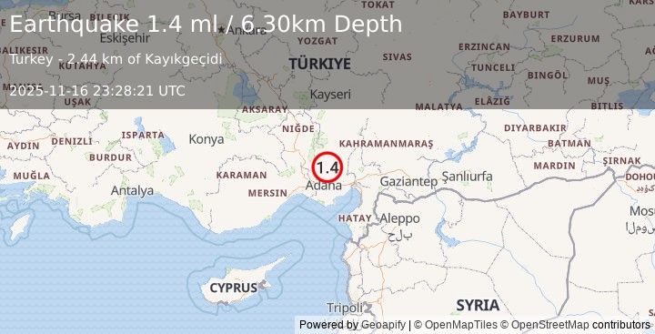 Earthquake CENTRAL TURKEY (1.4 ml) (2025-11-16 23:28:21 UTC)