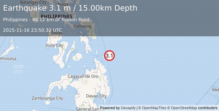 Earthquake MINDANAO, PHILIPPINES (3.1 m) (2025-11-16 23:50:32 UTC)