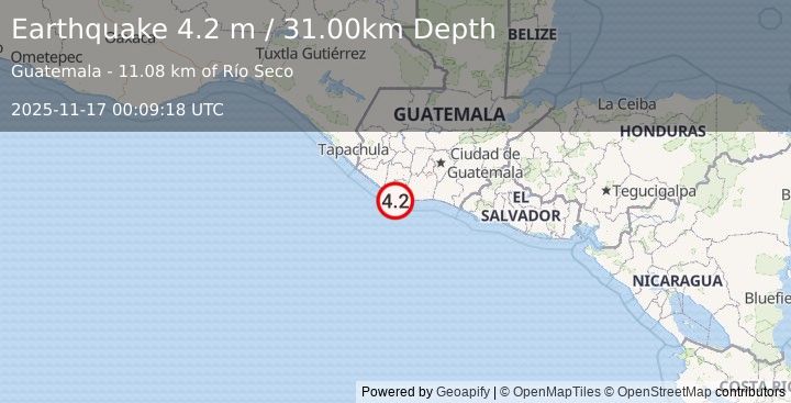 Earthquake OFFSHORE GUATEMALA (4.2 m) (2025-11-17 00:09:18 UTC)