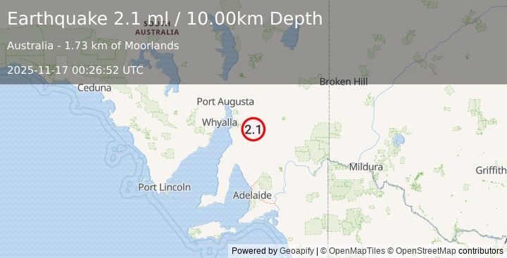 Earthquake NEAR COAST OF SOUTH AUSTRALIA (2.1 ml) (2025-11-17 00:26:52 UTC)
