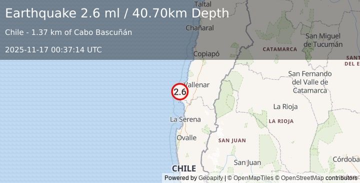 Earthquake OFFSHORE ATACAMA, CHILE (2.6 ml) (2025-11-17 00:37:14 UTC)