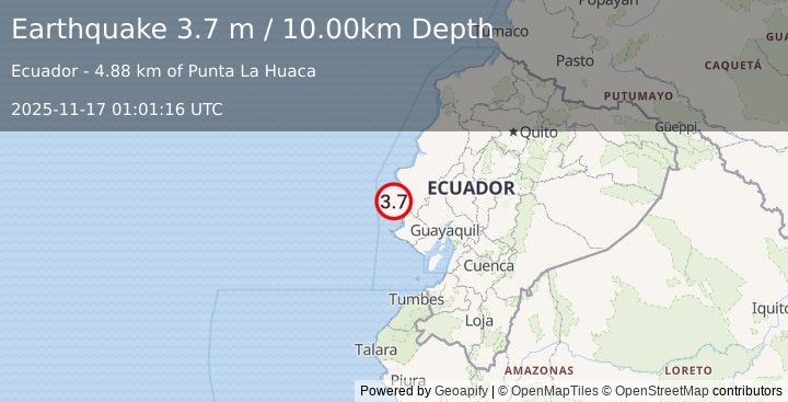 Earthquake NEAR COAST OF ECUADOR (3.9 ml) (2025-11-17 01:01:12 UTC)