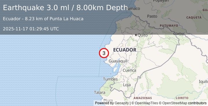 Earthquake NEAR COAST OF ECUADOR (3.0 ml) (2025-11-17 01:29:45 UTC)