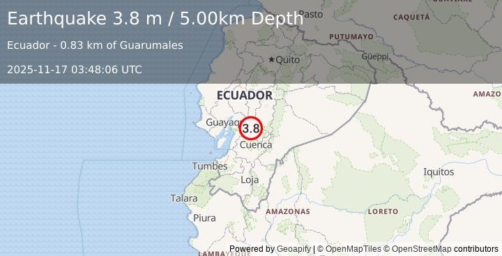 Earthquake NEAR COAST OF ECUADOR (4.2 ml) (2025-11-17 03:47:40 UTC)