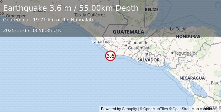Earthquake OFFSHORE GUATEMALA (3.6 m) (2025-11-17 03:56:35 UTC)
