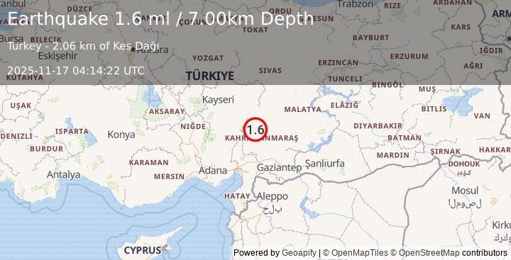 Earthquake CENTRAL TURKEY (1.6 ml) (2025-11-17 04:14:22 UTC)