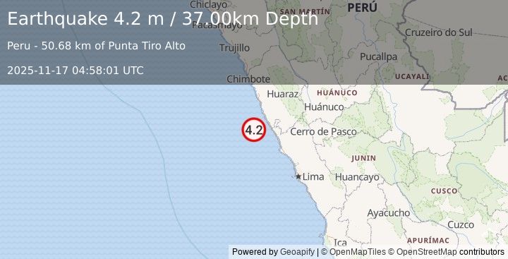 Earthquake NEAR COAST OF CENTRAL PERU (4.2 m) (2025-11-17 04:58:01 UTC)