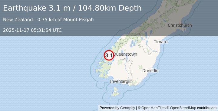 Earthquake SOUTH ISLAND OF NEW ZEALAND (3.1 m) (2025-11-17 05:31:54 UTC)
