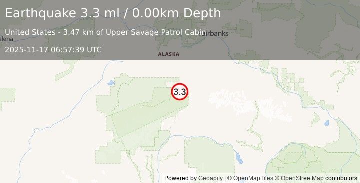 Earthquake CENTRAL ALASKA (3.3 ml) (2025-11-17 06:57:40 UTC)