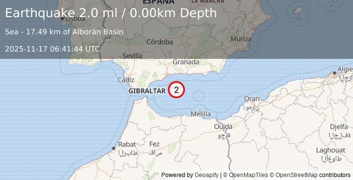 Earthquake STRAIT OF GIBRALTAR (2.0 ml) (2025-11-17 06:41:44 UTC)