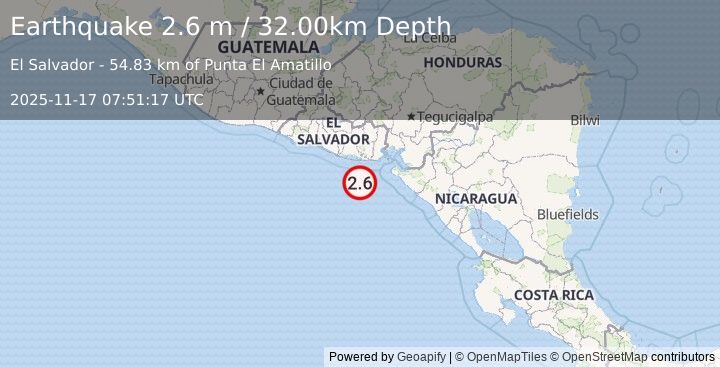 Earthquake OFFSHORE EL SALVADOR (2.6 m) (2025-11-17 07:51:17 UTC)