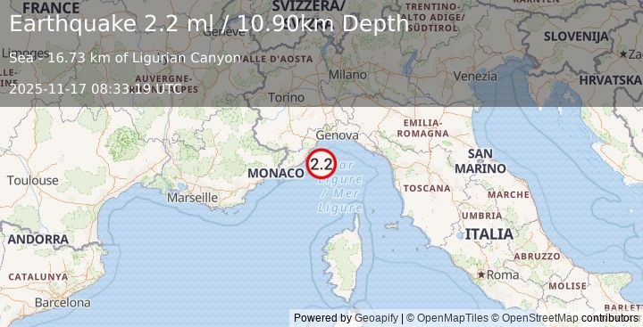 Earthquake LIGURIAN SEA (2.2 ml) (2025-11-17 08:33:19 UTC)