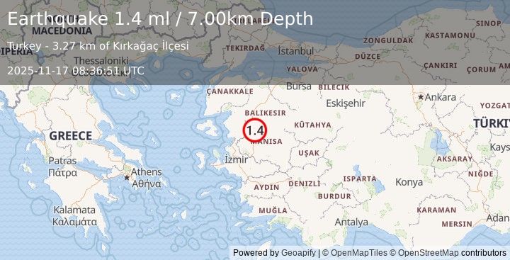 Earthquake WESTERN TURKEY (1.4 ml) (2025-11-17 08:36:51 UTC)