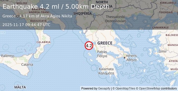 Earthquake GREECE (4.1 ml) (2025-11-17 09:44:46 UTC)