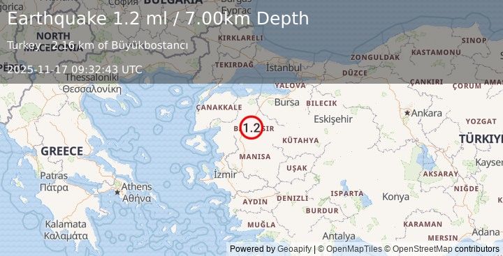 Earthquake WESTERN TURKEY (1.2 ml) (2025-11-17 09:32:41 UTC)