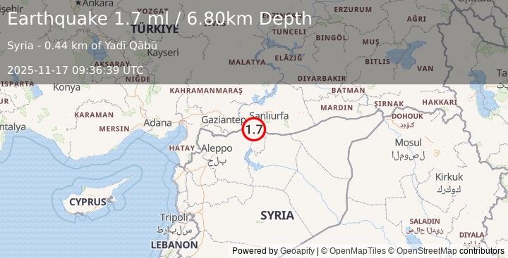 Earthquake TURKEY-SYRIA BORDER REGION (1.7 ml) (2025-11-17 09:36:39 UTC)