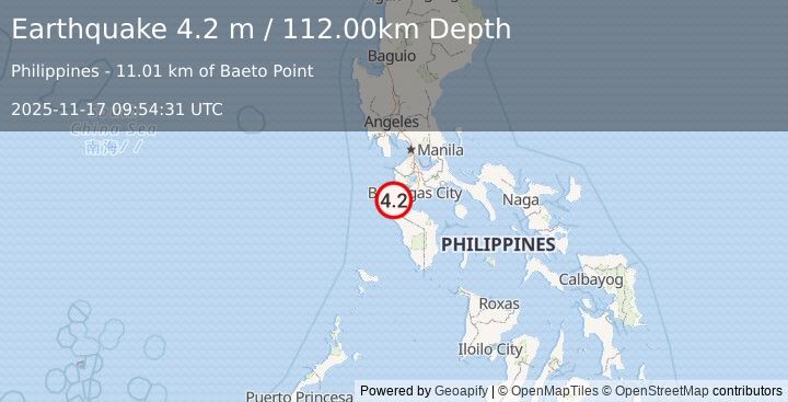 Earthquake MINDORO, PHILIPPINES (4.2 m) (2025-11-17 09:54:31 UTC)