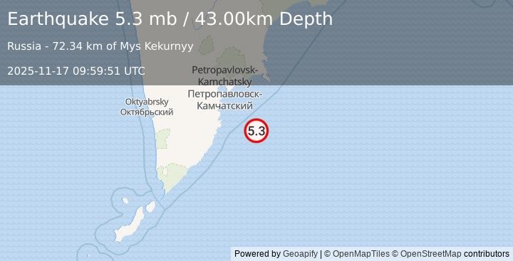 Earthquake OFF EAST COAST OF KAMCHATKA (5.5 mb) (2025-11-17 09:59:52 UTC)