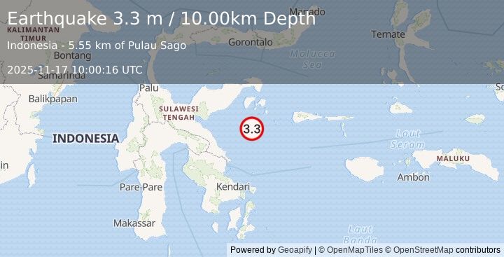 Earthquake SULAWESI, INDONESIA (3.3 m) (2025-11-17 10:00:16 UTC)