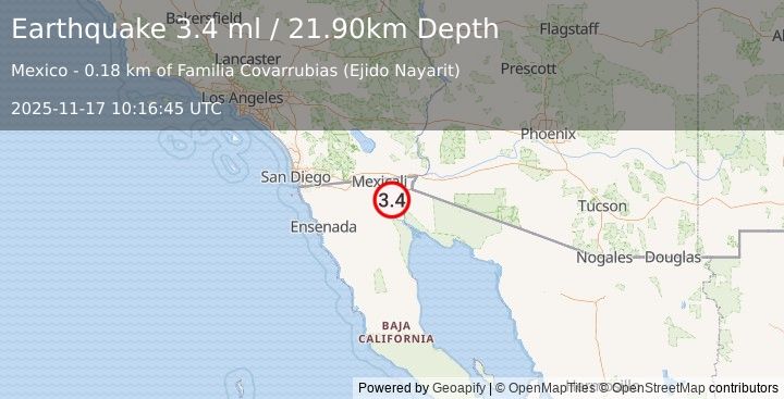 Earthquake BAJA CALIFORNIA, MEXICO (3.4 ml) (2025-11-17 10:16:45 UTC)