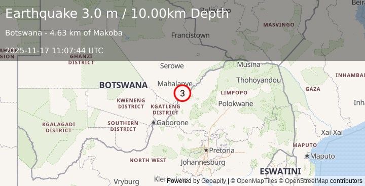 Earthquake BOTSWANA (3.0 m) (2025-11-17 11:07:44 UTC)