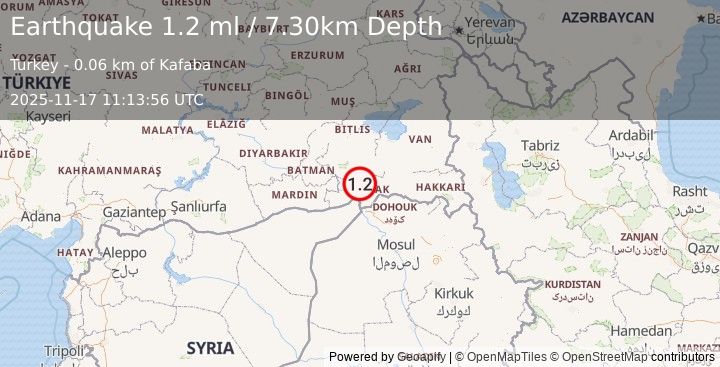 Earthquake TURKEY-SYRIA-IRAQ BORDER REGION (1.2 ml) (2025-11-17 11:13:56 UTC)