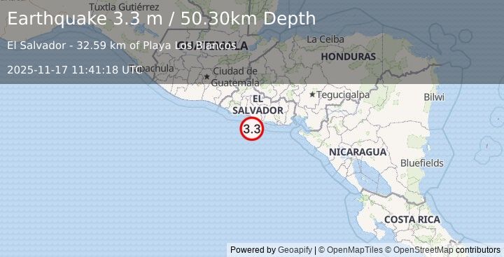 Earthquake OFFSHORE EL SALVADOR (3.3 m) (2025-11-17 11:41:18 UTC)