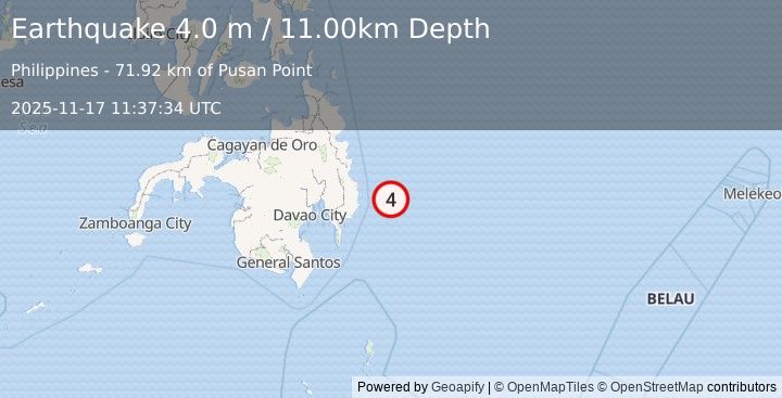 Earthquake PHILIPPINE ISLANDS REGION (4.0 m) (2025-11-17 11:37:34 UTC)