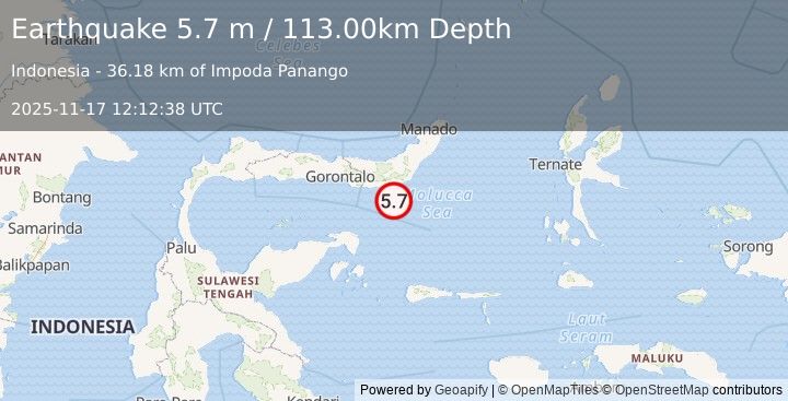 Earthquake MINAHASA, SULAWESI, INDONESIA (5.7 m) (2025-11-17 12:12:38 UTC)