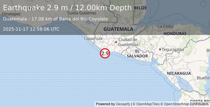 Earthquake OFFSHORE GUATEMALA (2.9 m) (2025-11-17 12:58:06 UTC)