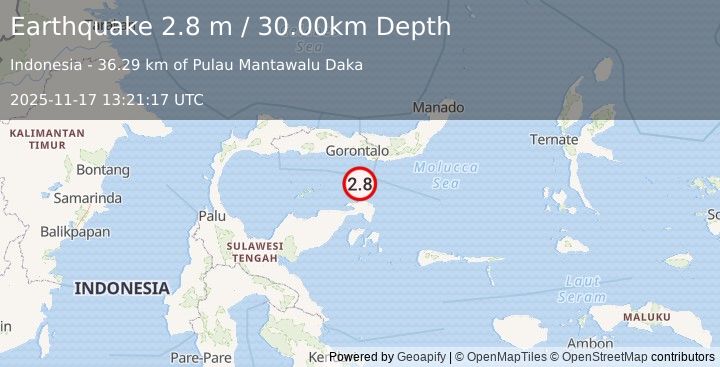 Earthquake SULAWESI, INDONESIA (2.8 m) (2025-11-17 13:21:17 UTC)