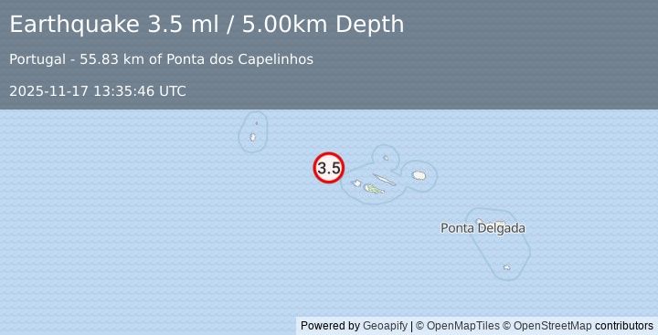 Earthquake AZORES ISLANDS, PORTUGAL (3.5 ml) (2025-11-17 13:35:46 UTC)