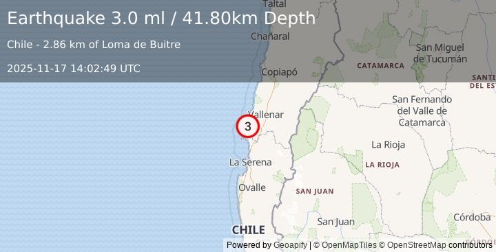 Earthquake ATACAMA, CHILE (3.0 ml) (2025-11-17 14:02:49 UTC)