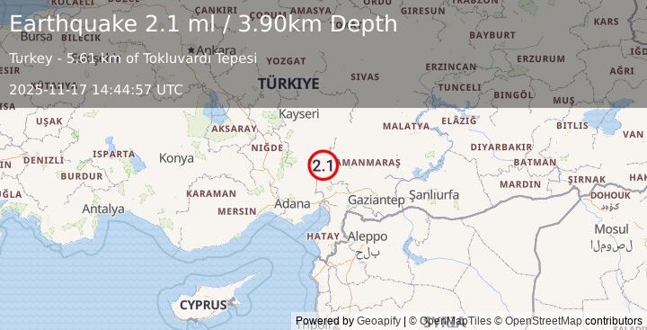 Earthquake CENTRAL TURKEY (2.1 ml) (2025-11-17 14:44:57 UTC)