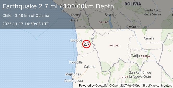 Earthquake TARAPACA, CHILE (2.7 ml) (2025-11-17 14:59:08 UTC)