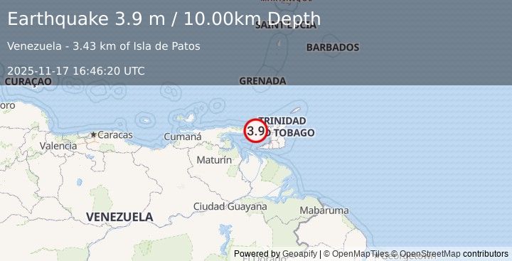 Earthquake GULF OF PARIA, VENEZUELA (3.9 m) (2025-11-17 16:46:20 UTC)