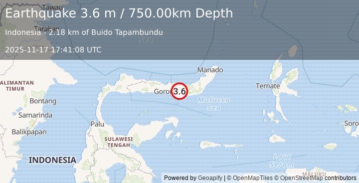 Earthquake MINAHASA, SULAWESI, INDONESIA (3.6 m) (2025-11-17 17:41:08 UTC)