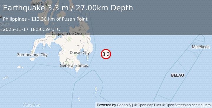 Earthquake PHILIPPINE ISLANDS REGION (3.3 m) (2025-11-17 18:50:59 UTC)