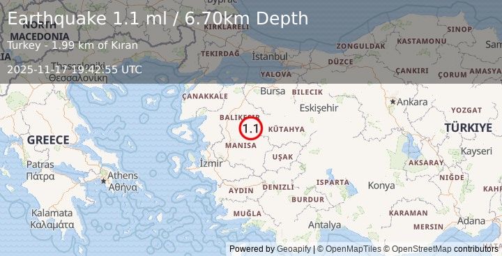 Earthquake WESTERN TURKEY (1.1 ml) (2025-11-17 19:42:55 UTC)