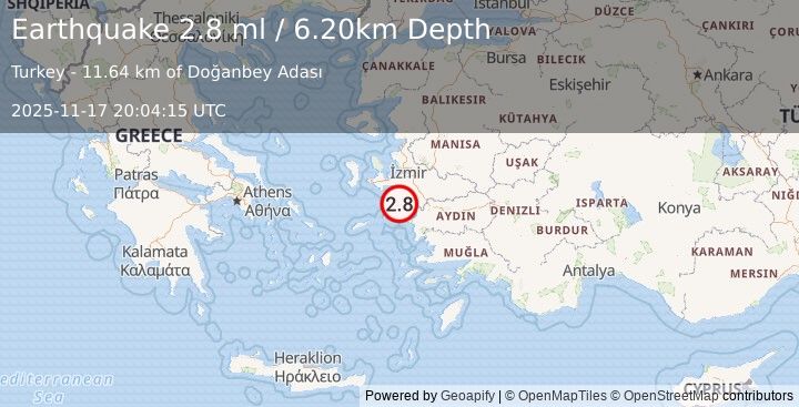 Earthquake DODECANESE ISLANDS, GREECE (2.8 ml) (2025-11-17 20:04:15 UTC)