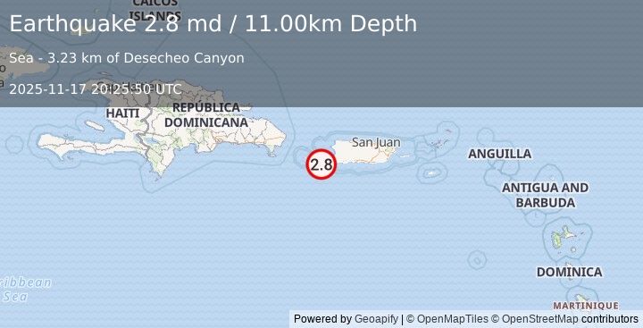 Earthquake PUERTO RICO REGION (2.8 md) (2025-11-17 20:25:50 UTC)
