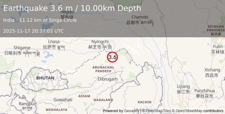 Earthquake ARUNACHAL PRADESH, INDIA (3.6 m) (2025-11-17 20:37:03 UTC)