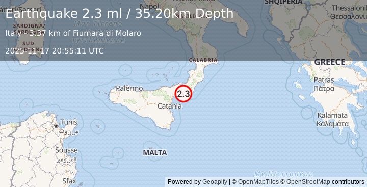 Earthquake SICILY, ITALY (2.3 ml) (2025-11-17 20:55:11 UTC)