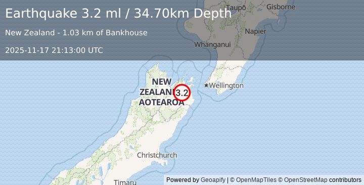 Earthquake SOUTH ISLAND OF NEW ZEALAND (3.2 ml) (2025-11-17 21:13:00 UTC)
