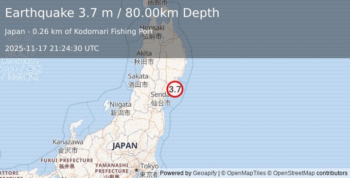 Earthquake NEAR EAST COAST OF HONSHU, JAPAN (3.7 m) (2025-11-17 21:24:30 UTC)