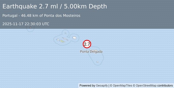 Earthquake AZORES ISLANDS, PORTUGAL (2.7 ml) (2025-11-17 22:30:03 UTC)