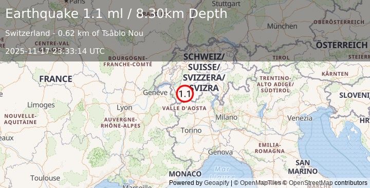 Earthquake SWITZERLAND (1.1 ml) (2025-11-17 23:33:14 UTC)