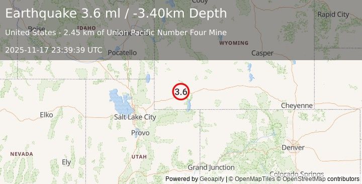 Earthquake WYOMING (3.6 ml) (2025-11-17 23:39:39 UTC)