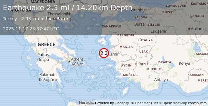 Earthquake NEAR THE COAST OF WESTERN TURKEY (2.3 ml) (2025-11-17 23:37:47 UTC)